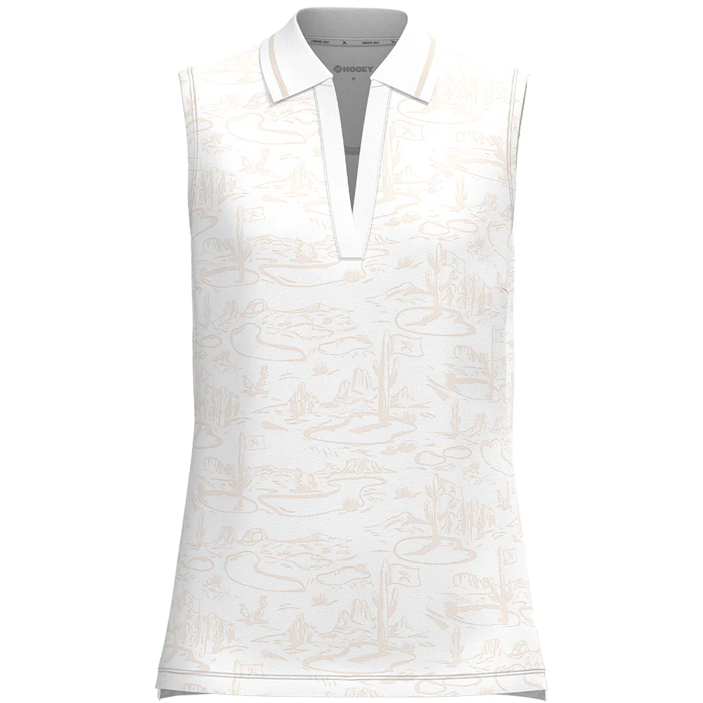 "Alice" Sleeveless Polo White/Tan Desert Pattern