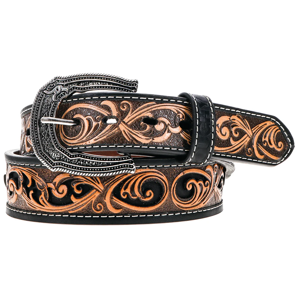 "Cheatam" Brown/Black Hand tooled Roughy Belt