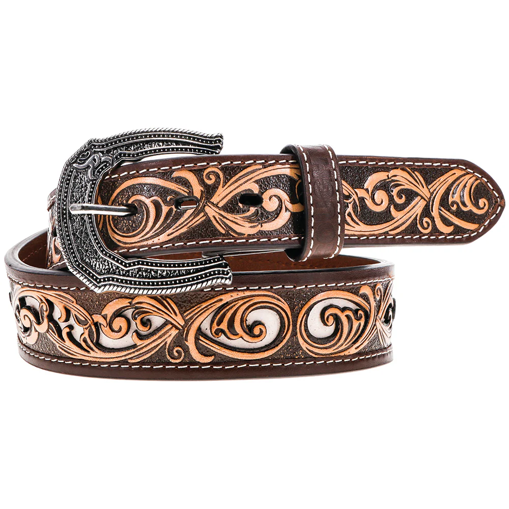"Cheatam" Brown/Ivory Hand tooled Roughy Belt