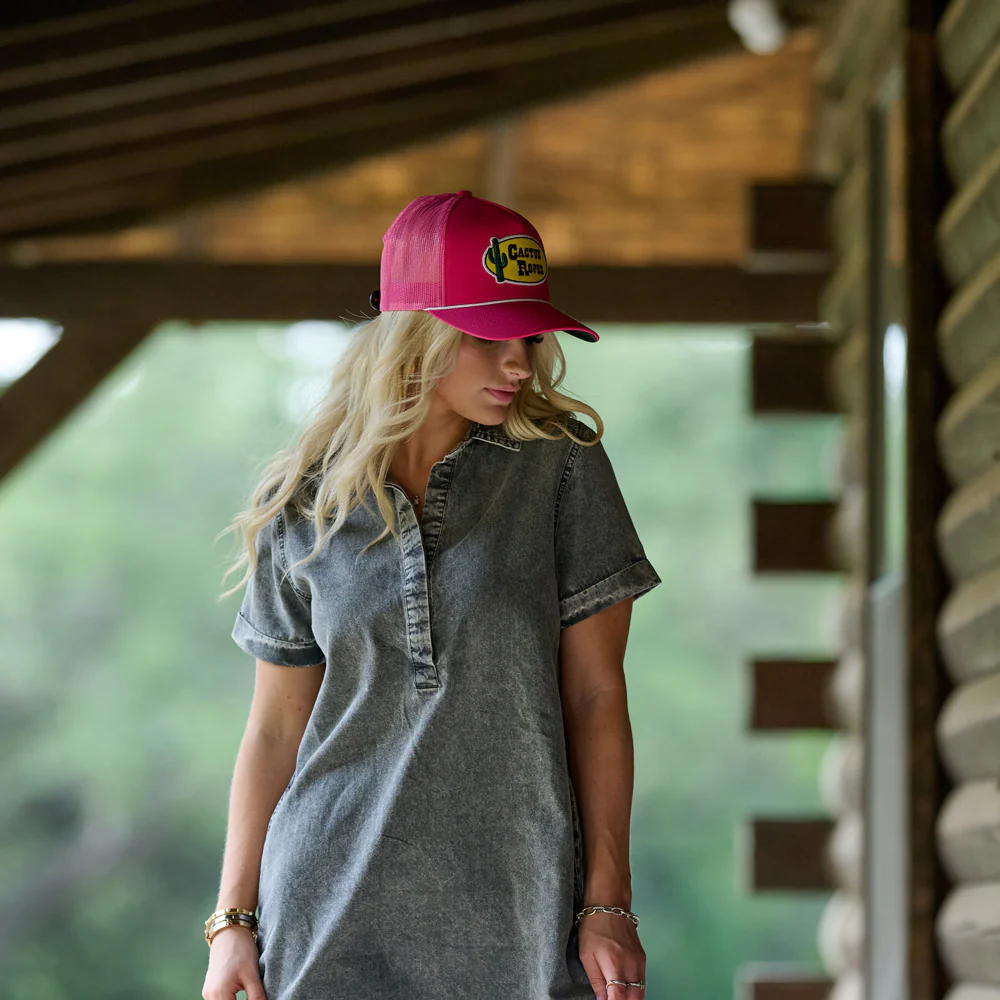 "CR112" Cactus Ropes Hat Pink w/ Yellow/Black Oval Patch - Image 7
