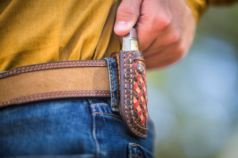 "Cusa" Knife Sheath Brown/Red/ Grey Embossed Leather - Image 2