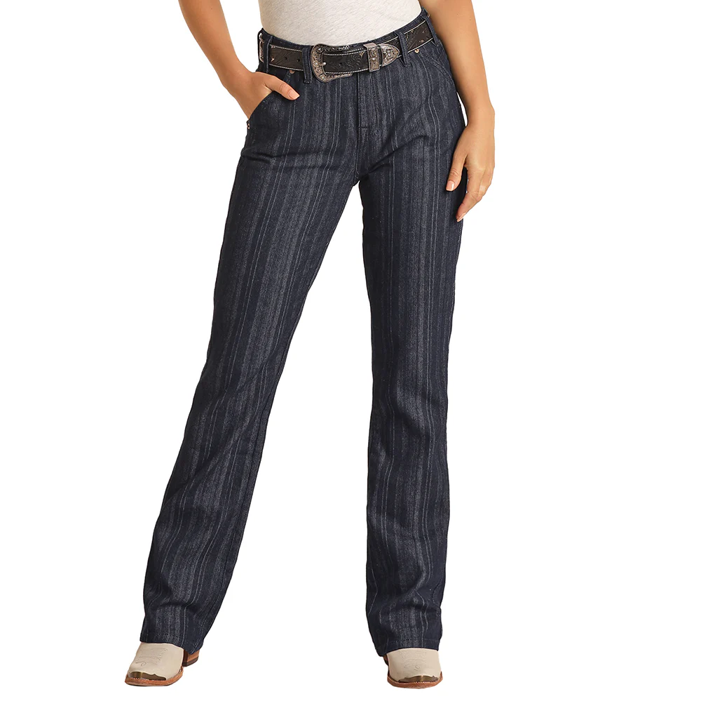 Dark Wash Jaquard Stripe High Rise Bootcut Jeans - Image 2
