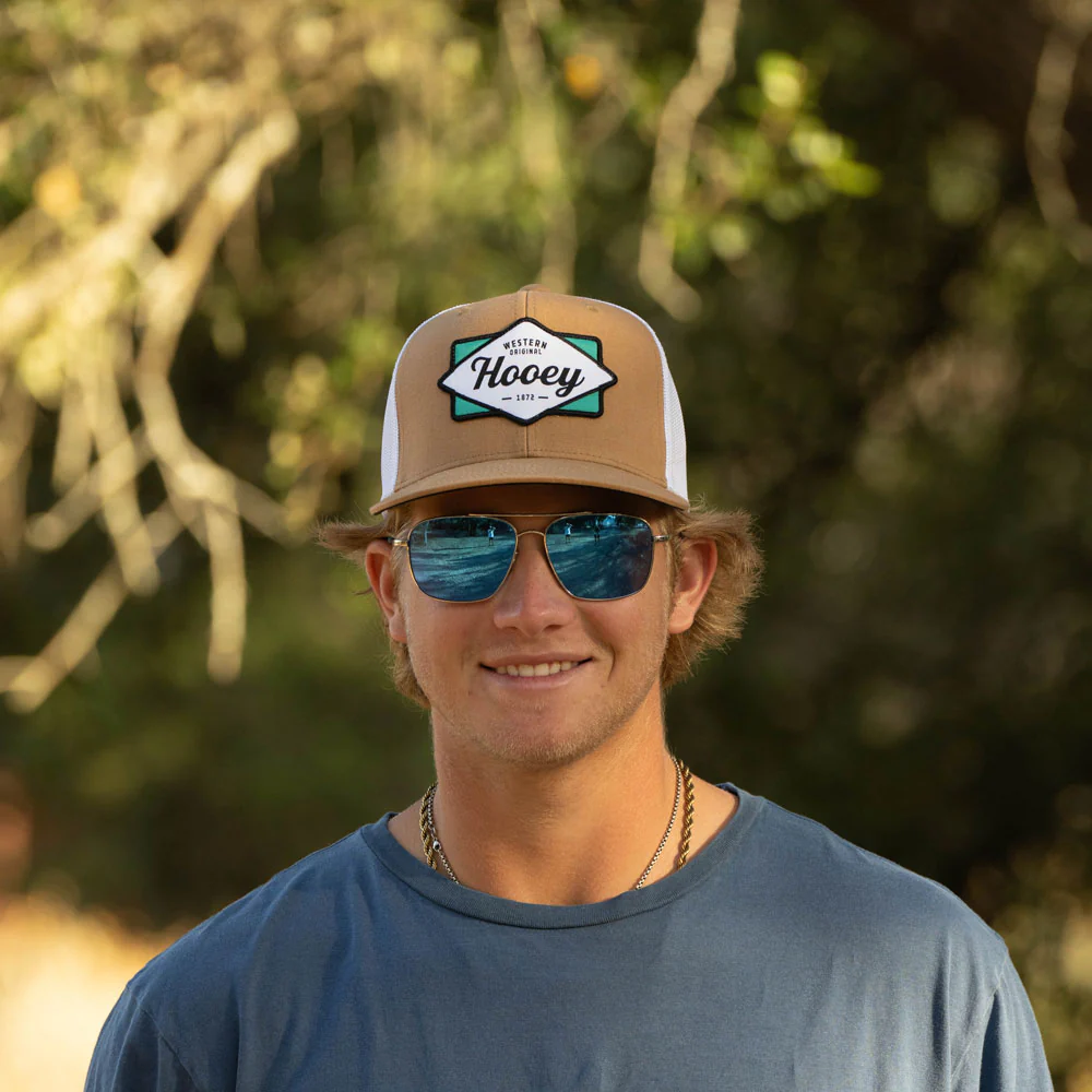 "Diamond" Hat Tan/White w/Teal/White & Black Patch - Image 3