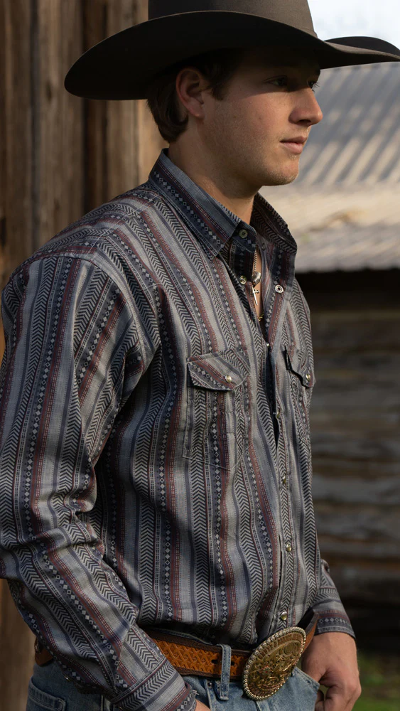 "Dos Sol" Long Sleeve Pearl Snap Shirt Grey/Serape - Image 3