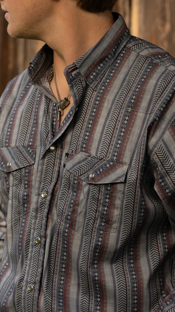 "Dos Sol" Long Sleeve Pearl Snap Shirt Grey/Serape - Image 4