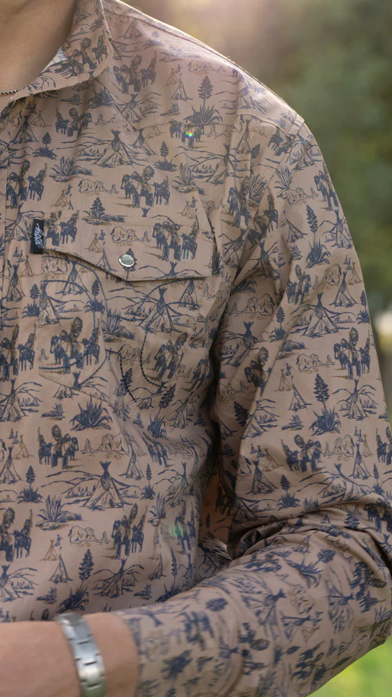 "Dos Sol" Long Sleeve Pearl Snap Shirt Tan w/Pattern All Over - Image 4