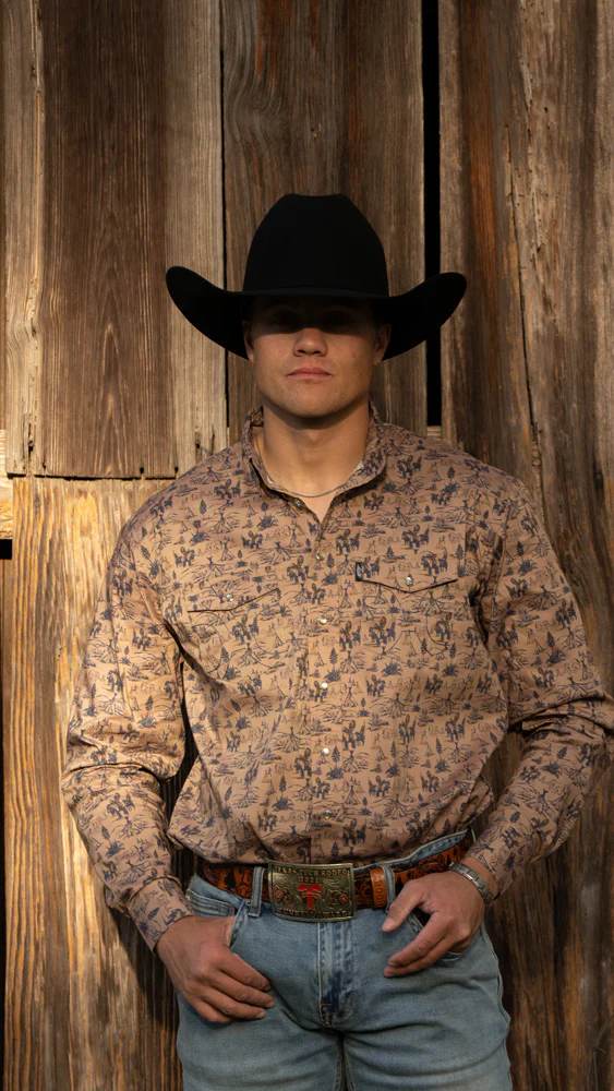 "Dos Sol" Long Sleeve Pearl Snap Shirt Tan w/Pattern All Over - Image 5