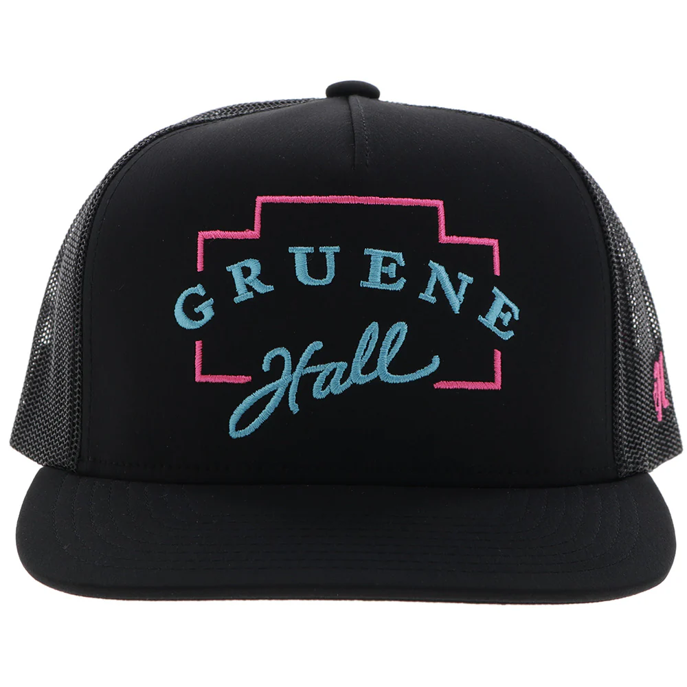 "Gruene Hall" Hat Black w/Pink & Blue Embroidery - Image 4