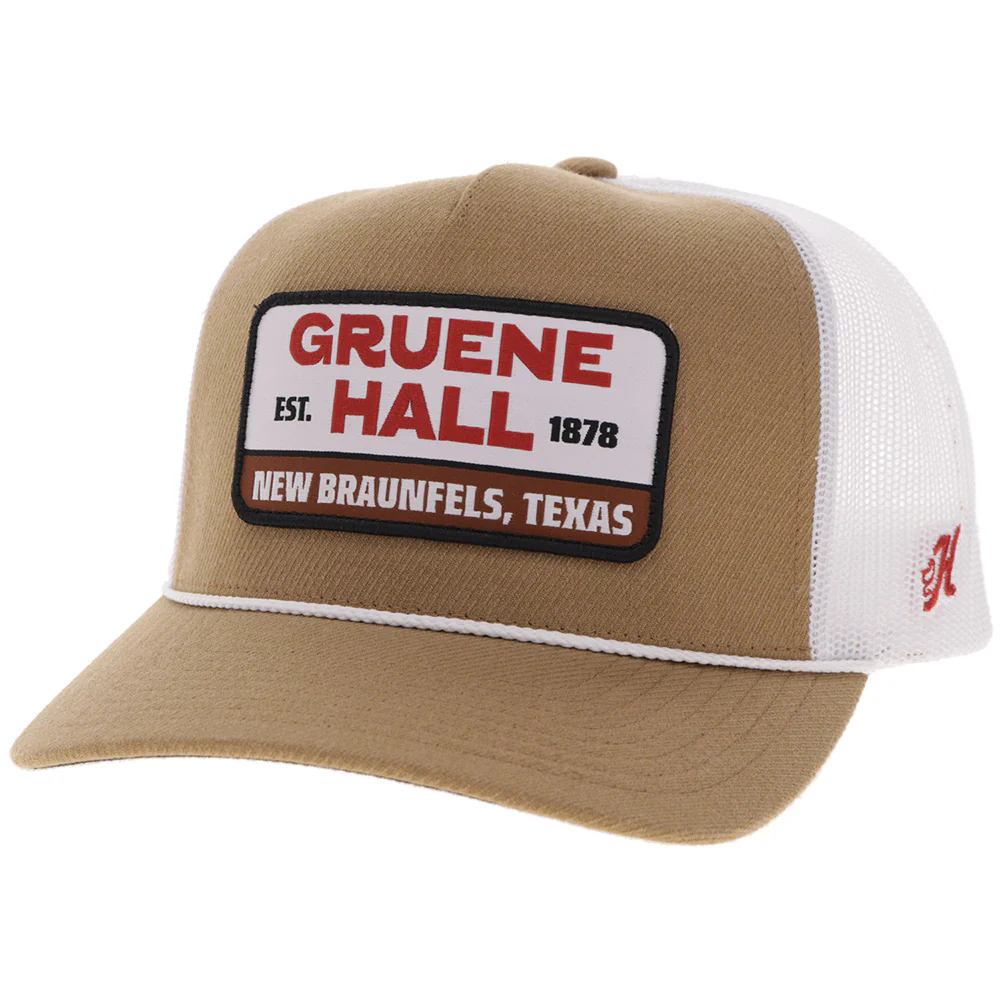 "Gruene Hall" Hat Tan/White w/White & Red Patch