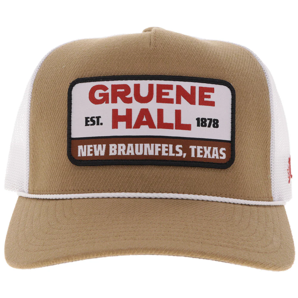 "Gruene Hall" Hat Tan/White w/White & Red Patch - Image 4