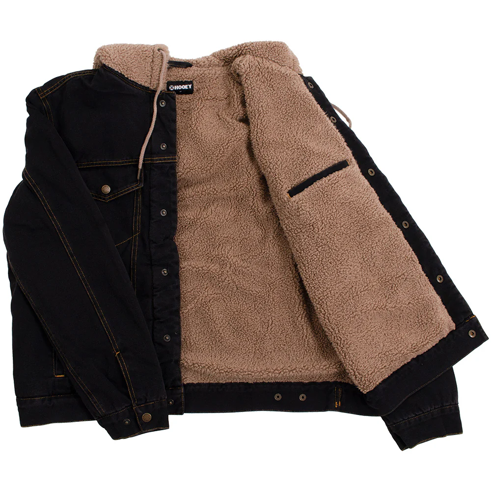 "Hooey Denim Hooded Jacket" Black with Charcoal Fleece Lining - Image 3