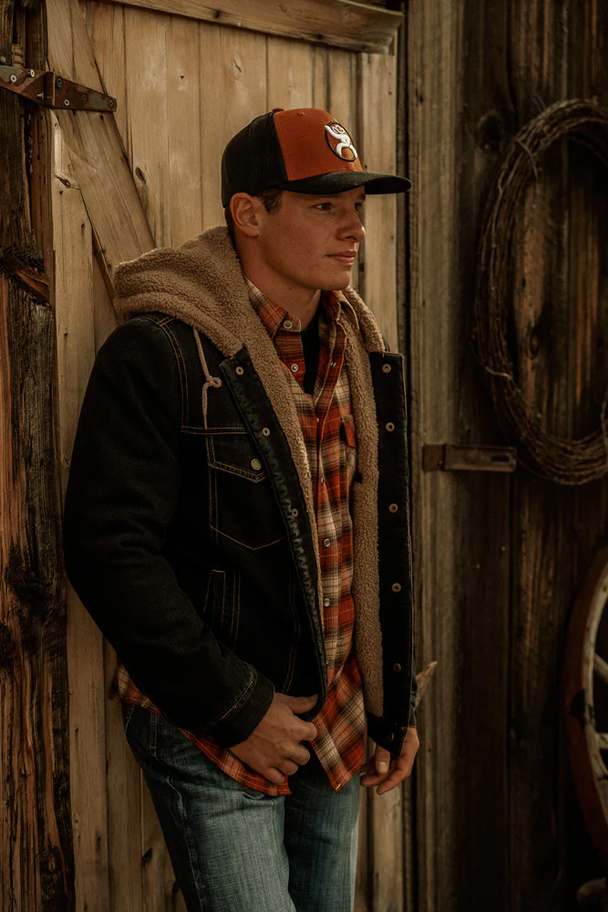 "Hooey Denim Hooded Jacket" Black with Charcoal Fleece Lining - Image 5