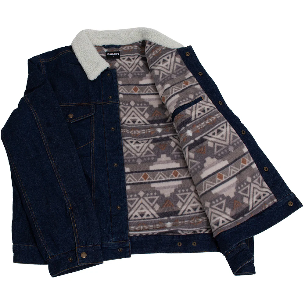"Hooey Denim Jacket" Denim w/Cream Sherpa & Brown/ Tan Aztec Fleece Lining - Image 3