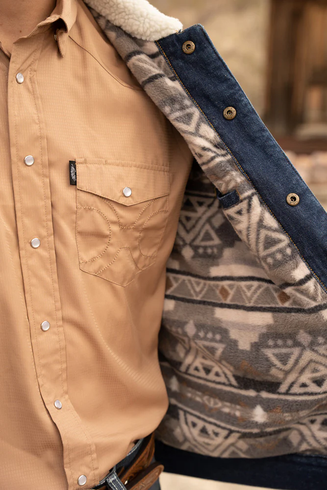"Hooey Denim Jacket" Denim w/Cream Sherpa & Brown/ Tan Aztec Fleece Lining - Image 5