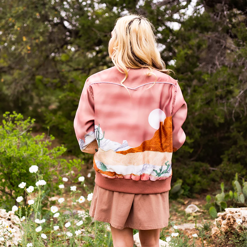 "Hooey Ladies Bomber Jacket" Pink with Desert Landscape - Image 3