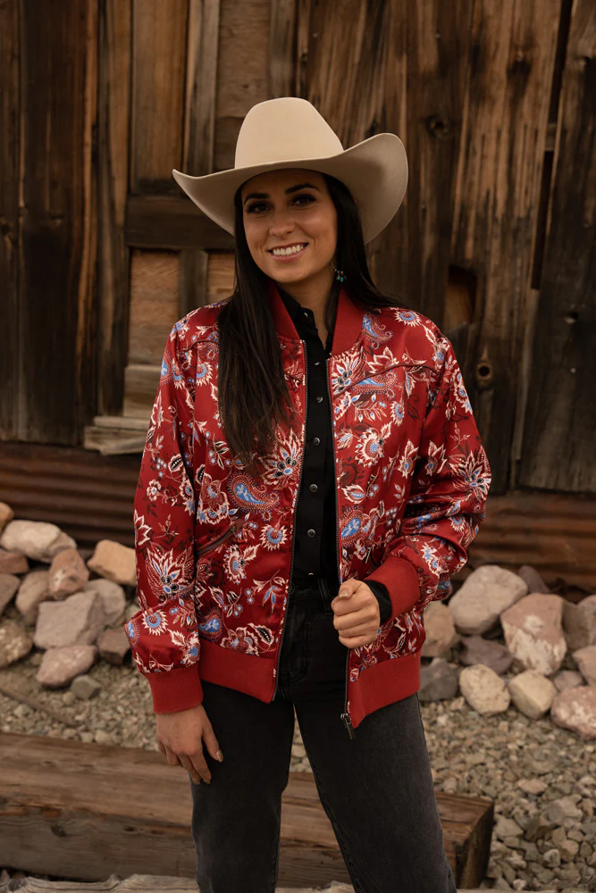 "Hooey Ladies Bomber Jacket" Red w/Floral - Image 4