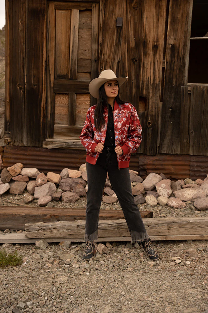 "Hooey Ladies Bomber Jacket" Red w/Floral - Image 5