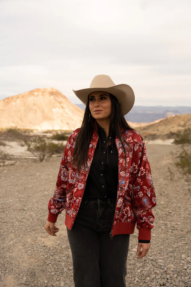 "Hooey Ladies Bomber Jacket" Red w/Floral - Image 6
