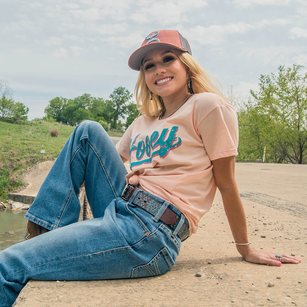 "Hooey Varsity" Peach w/Teal Logo T-shirt - Image 2