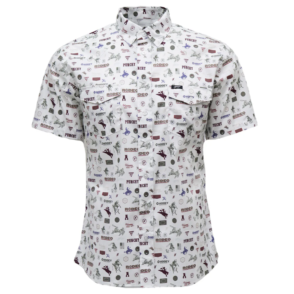 "Maverick" Short Sleeve Button Up Shirt White w/Rodeo print