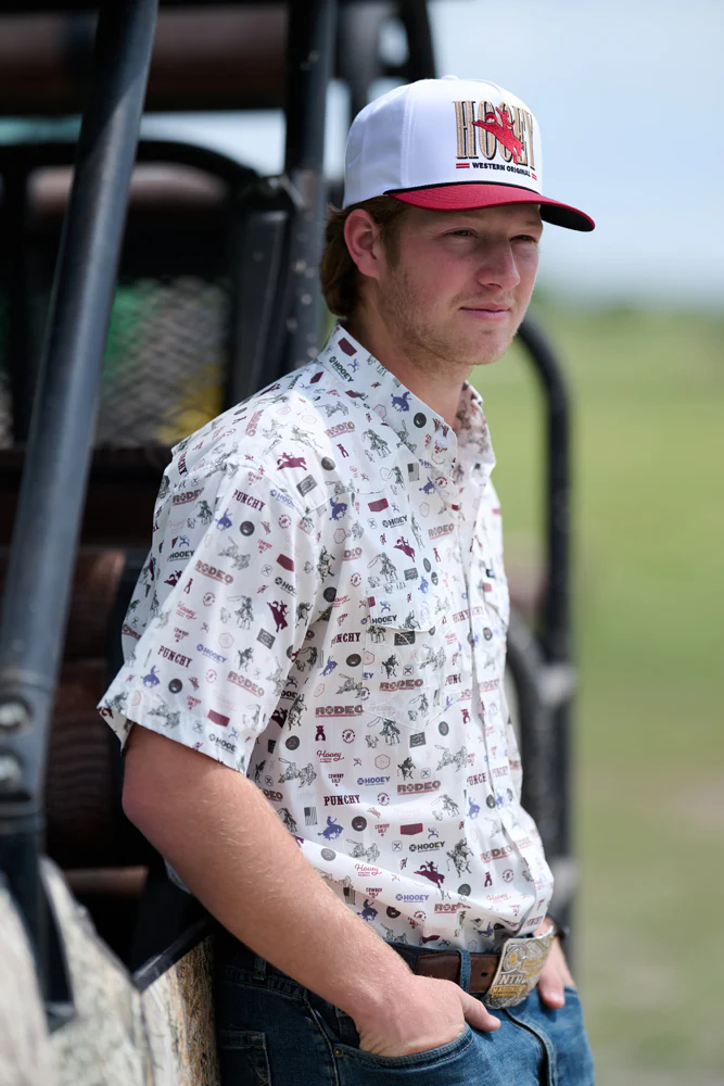 "Maverick" Short Sleeve Button Up Shirt White w/Rodeo print - Image 4