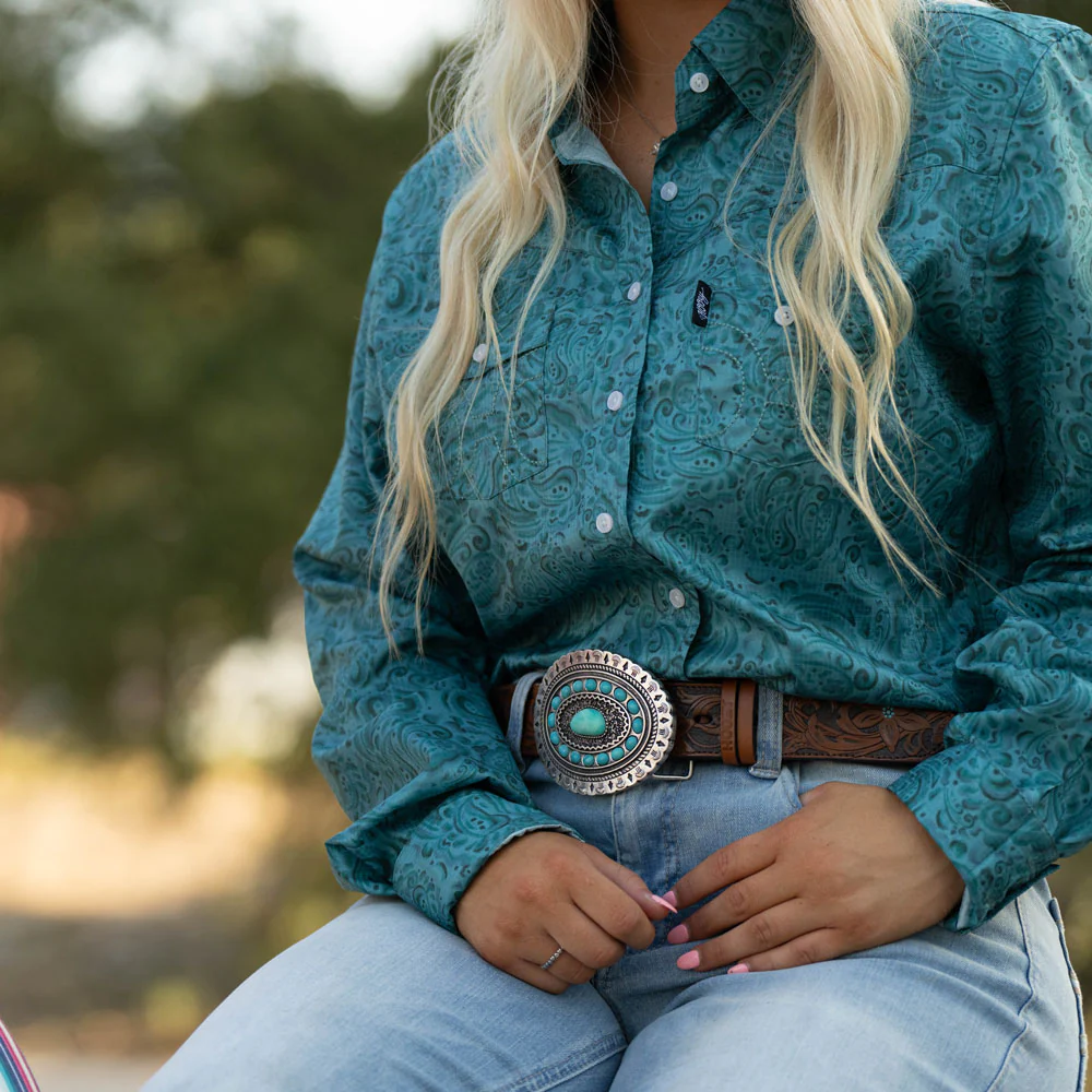 "Medina" Classic Hooey Ladies Belt Brown/Turquoise w/Turquoise Rodeo Buckle - Image 2