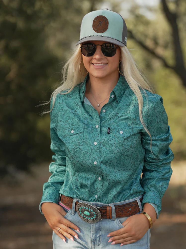 "Medina" Classic Hooey Ladies Belt Brown/Turquoise w/Turquoise Rodeo Buckle - Image 3