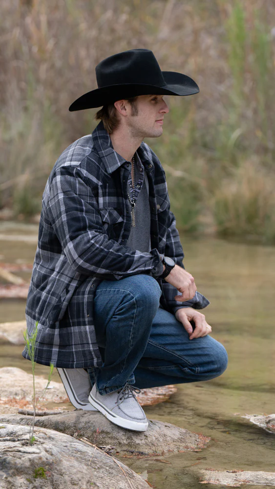 "Men's Flannel Jacket" Charcoal/Grey Plaid w/White Sherpa - Image 3