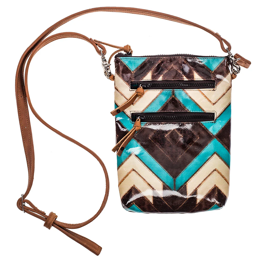 "Montezuma" Brown/Turquoise Aztec Pattern Crossbody Purse - Image 2