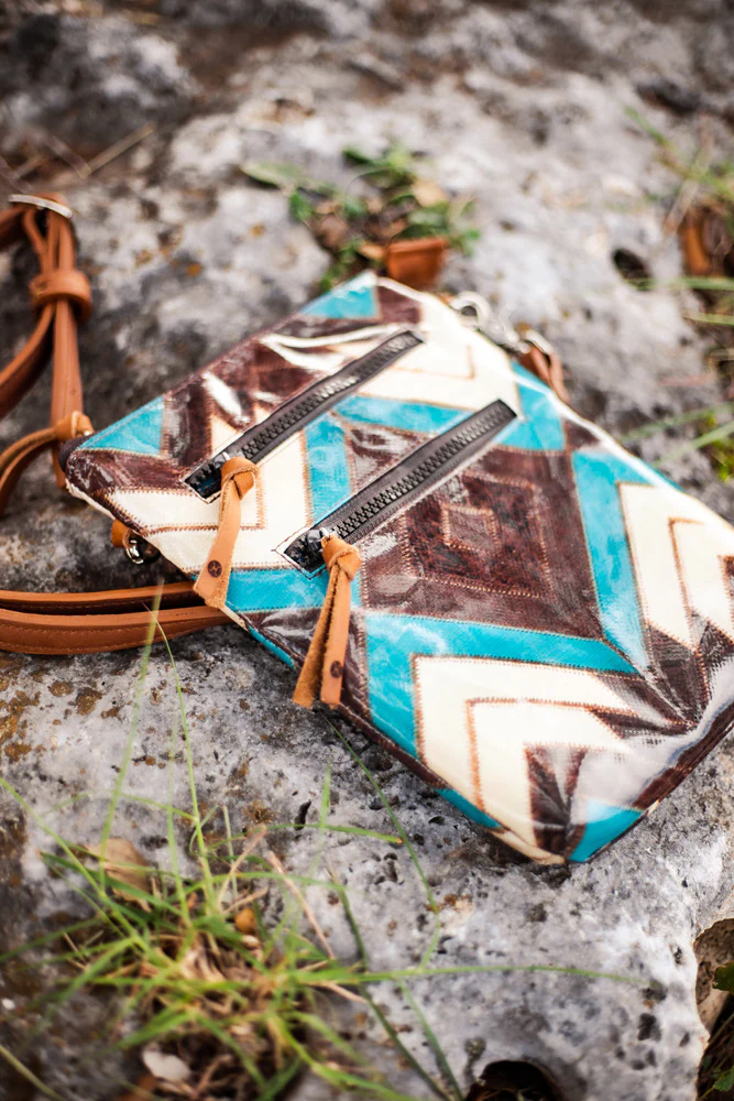 "Montezuma" Brown/Turquoise Aztec Pattern Crossbody Purse - Image 3
