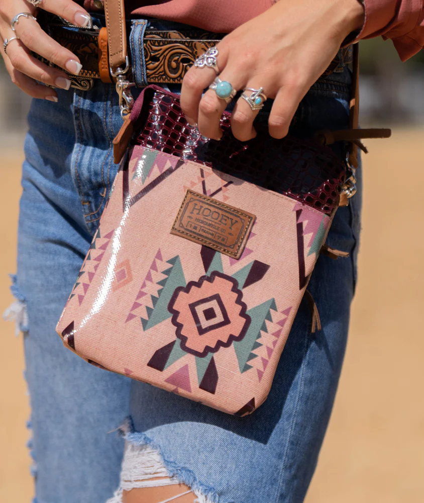 "Nomad" Pink w/ Burgundy Aztec Crossbody Purse - Image 3