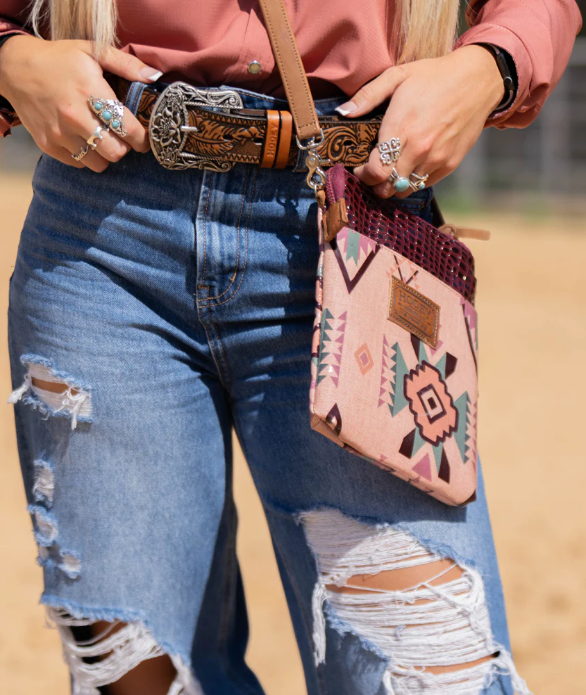 "Nomad" Pink w/ Burgundy Aztec Crossbody Purse - Image 4