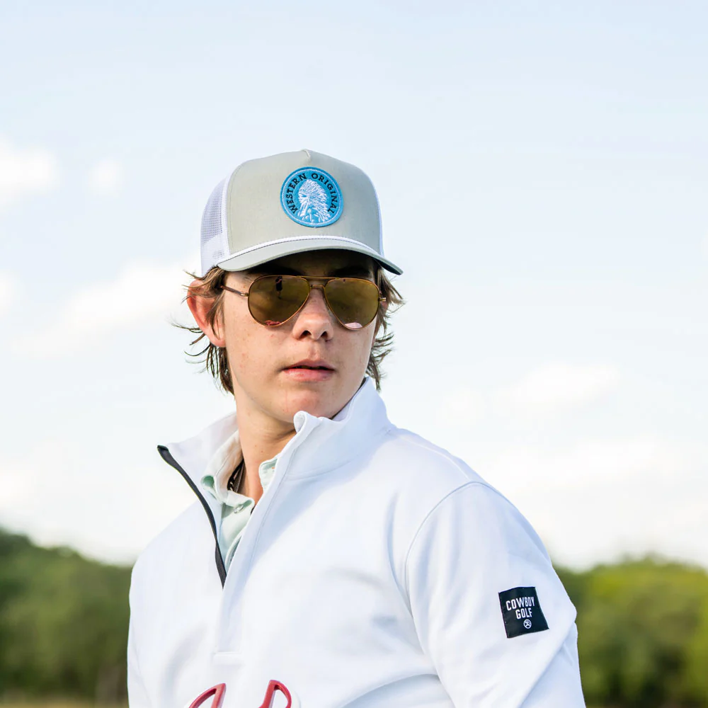 "Quanah" Hat Grey/White w/Black & Blue Patch - Image 3