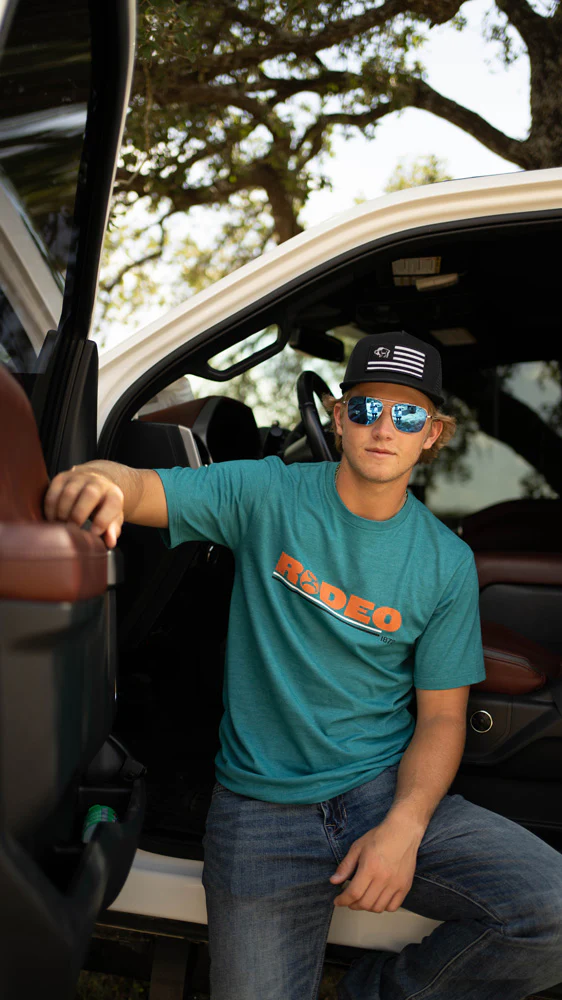 "Rodeo" Teal Heather w/ Orange T-shirt - Image 2