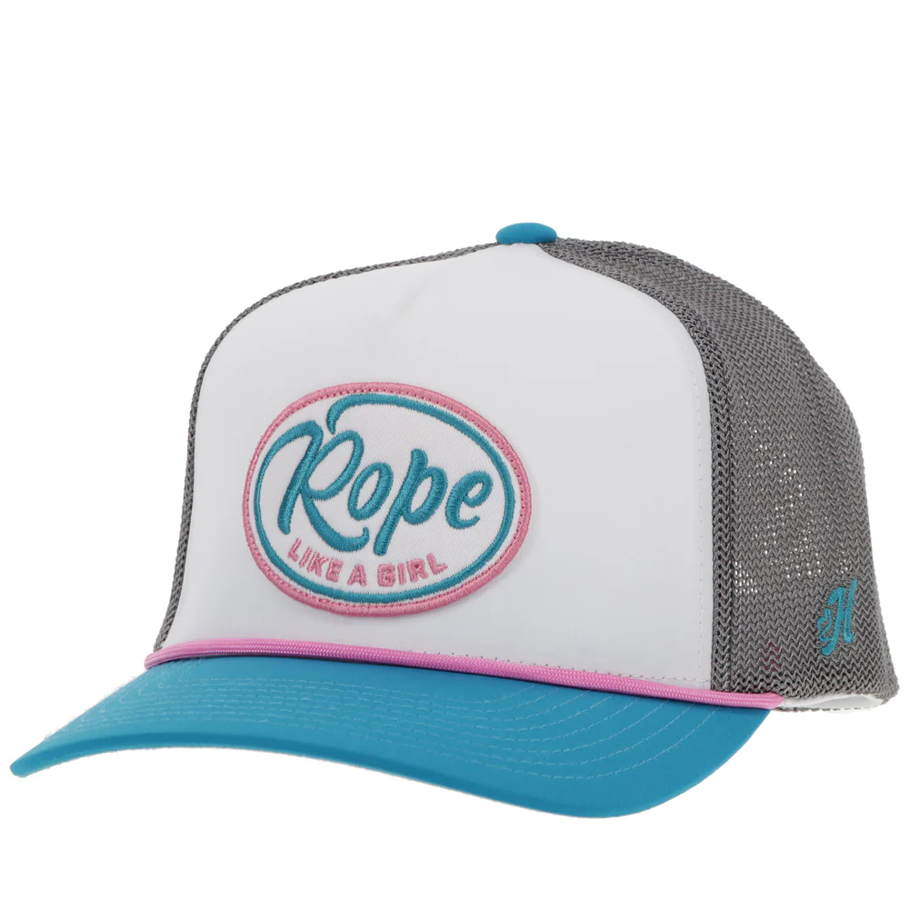 "Rope Like A Girl" Hat White/Grey w/Pink/Turquoise & White Patch