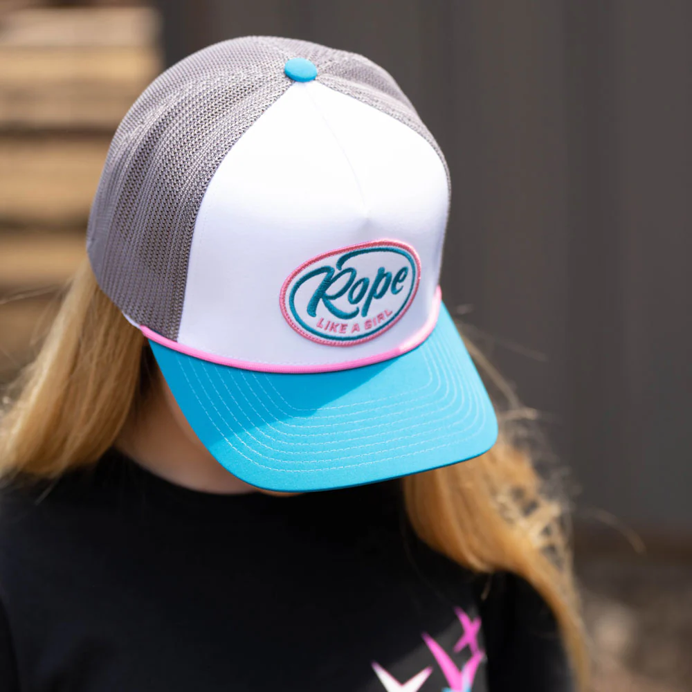 "Rope Like A Girl" Hat White/Grey w/Pink/Turquoise & White Patch - Image 3