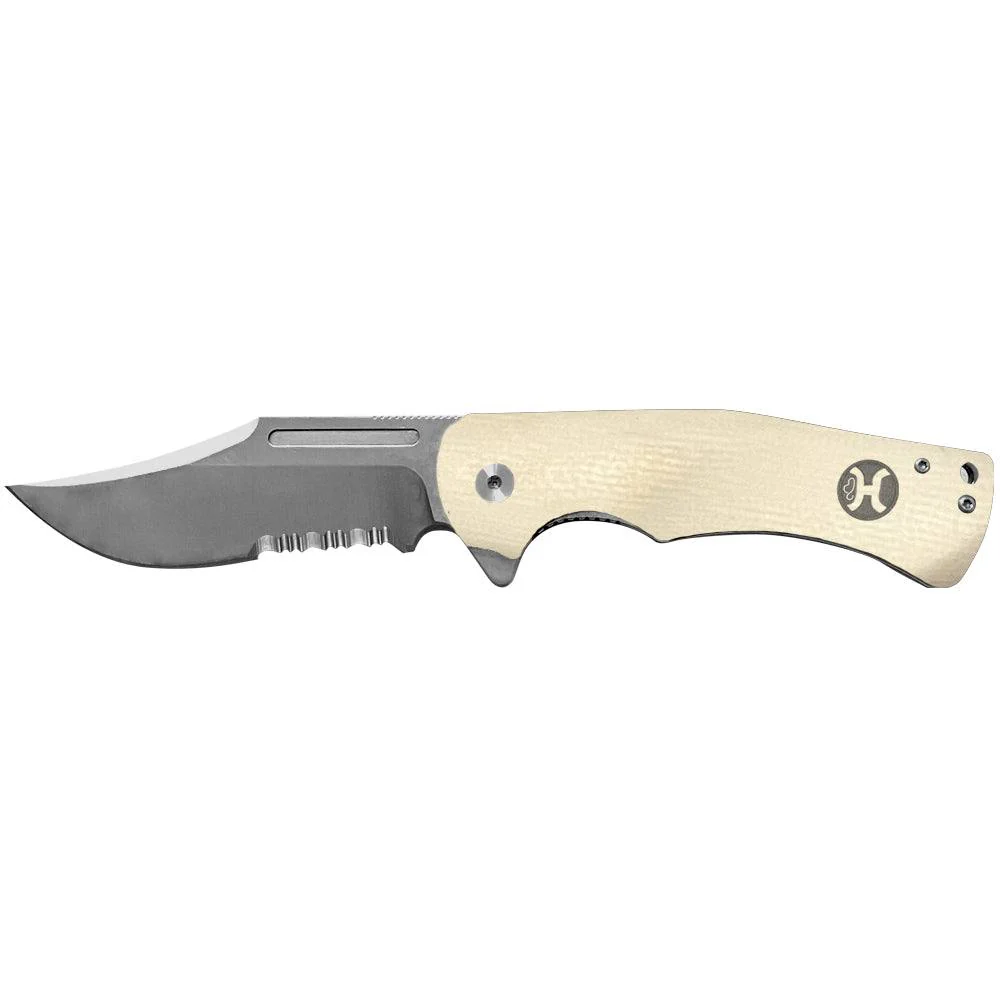 Serrated Blade "White G10 Clip Point Flipper" Hooey Knife