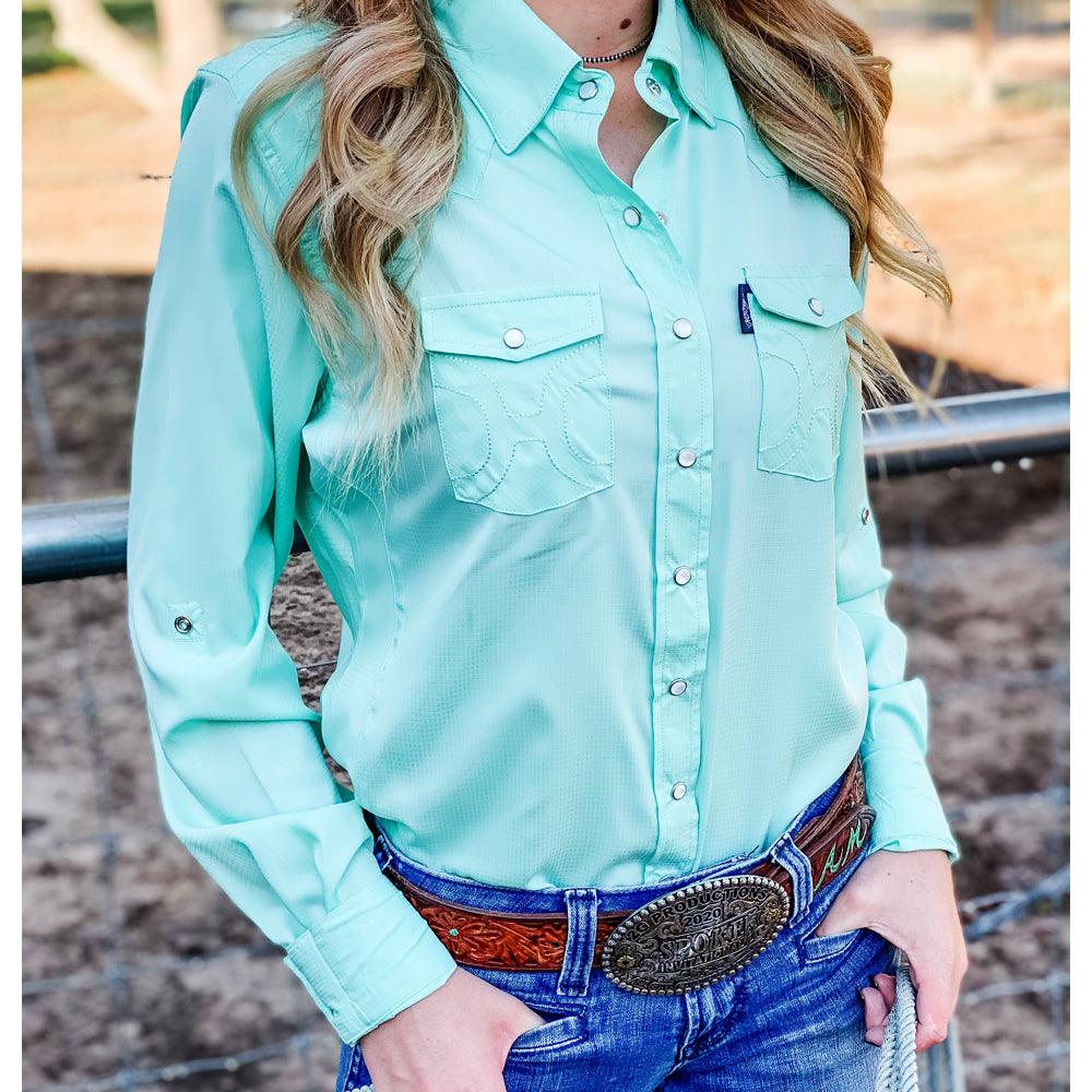 "Sol" Ladies Sea Foam Long Sleeve Pearl Snap Shirt - Image 6