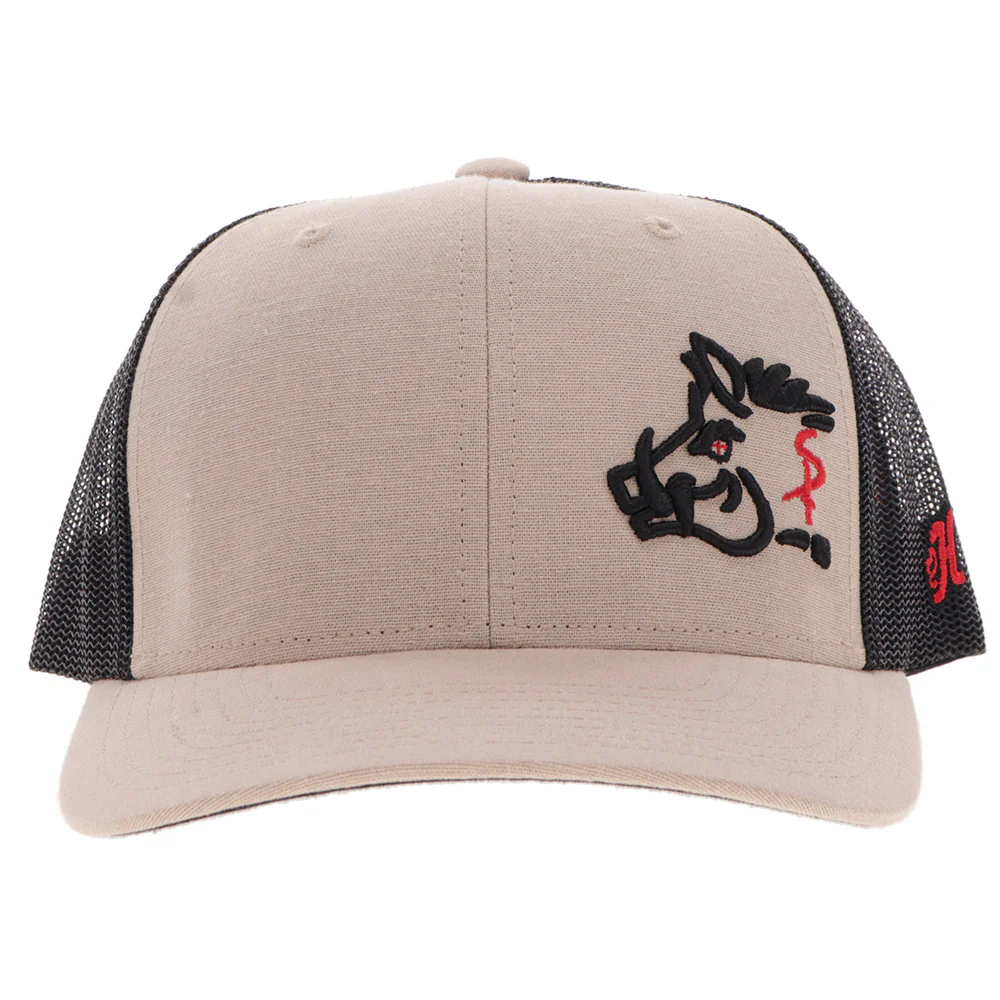 "Sniper Pig" Hat Tan & Brown w/Black & Red Stitching - Image 4