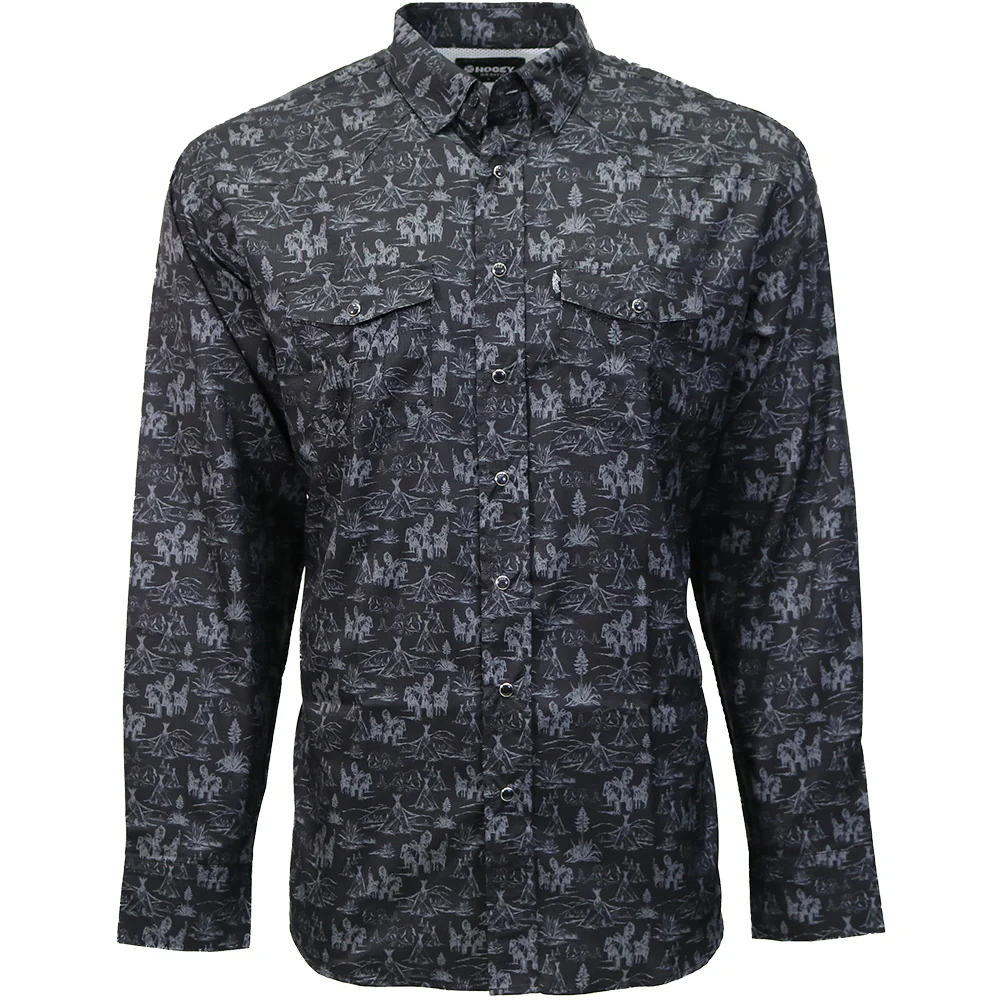 "Sol" Black & Grey Comanche Patterned Long Sleeve Pearl Snap Shirt
