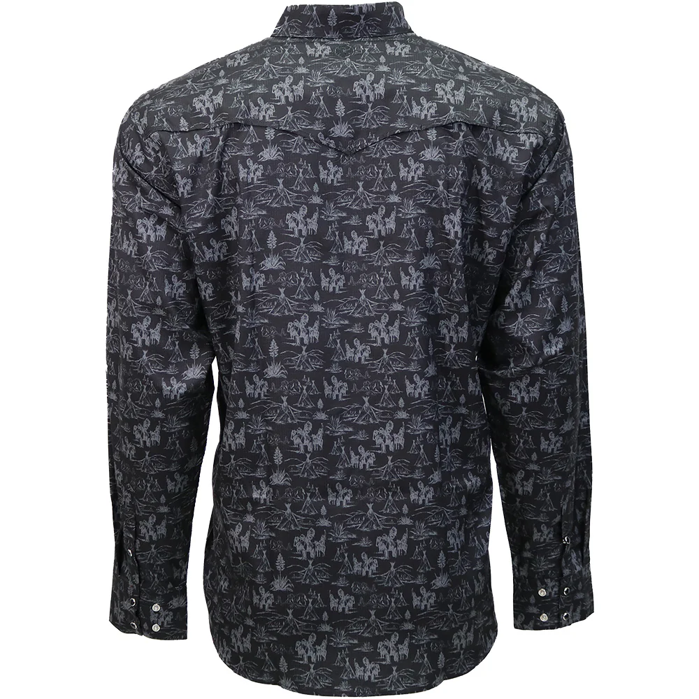 "Sol" Black & Grey Comanche Patterned Long Sleeve Pearl Snap Shirt - Image 2
