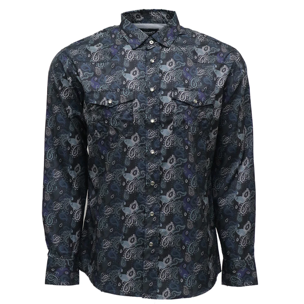 "Sol" Black/Paisley Long Sleeve Pearl Snap Shirt