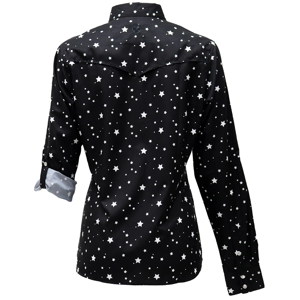 "Sol" Ladies Black/White Star Pattern Long Sleeve Pearl Snap Shirt - Image 2