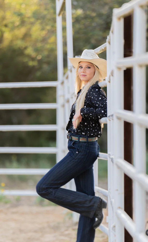 "Sol" Ladies Black/White Star Pattern Long Sleeve Pearl Snap Shirt - Image 5