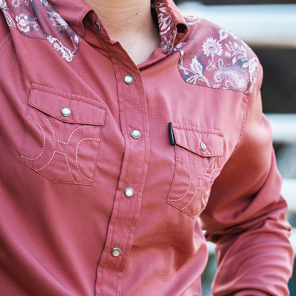 "Sol" Ladies Marsala w/Floral Pattern Detailing Long Sleeve Pearl Snap Shirt - Image 3