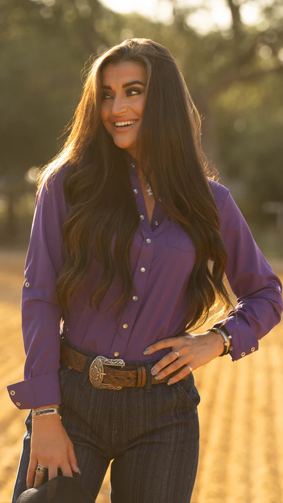 "Sol" Ladies Purple Long Sleeve Pearl Snap Shirt - Image 2