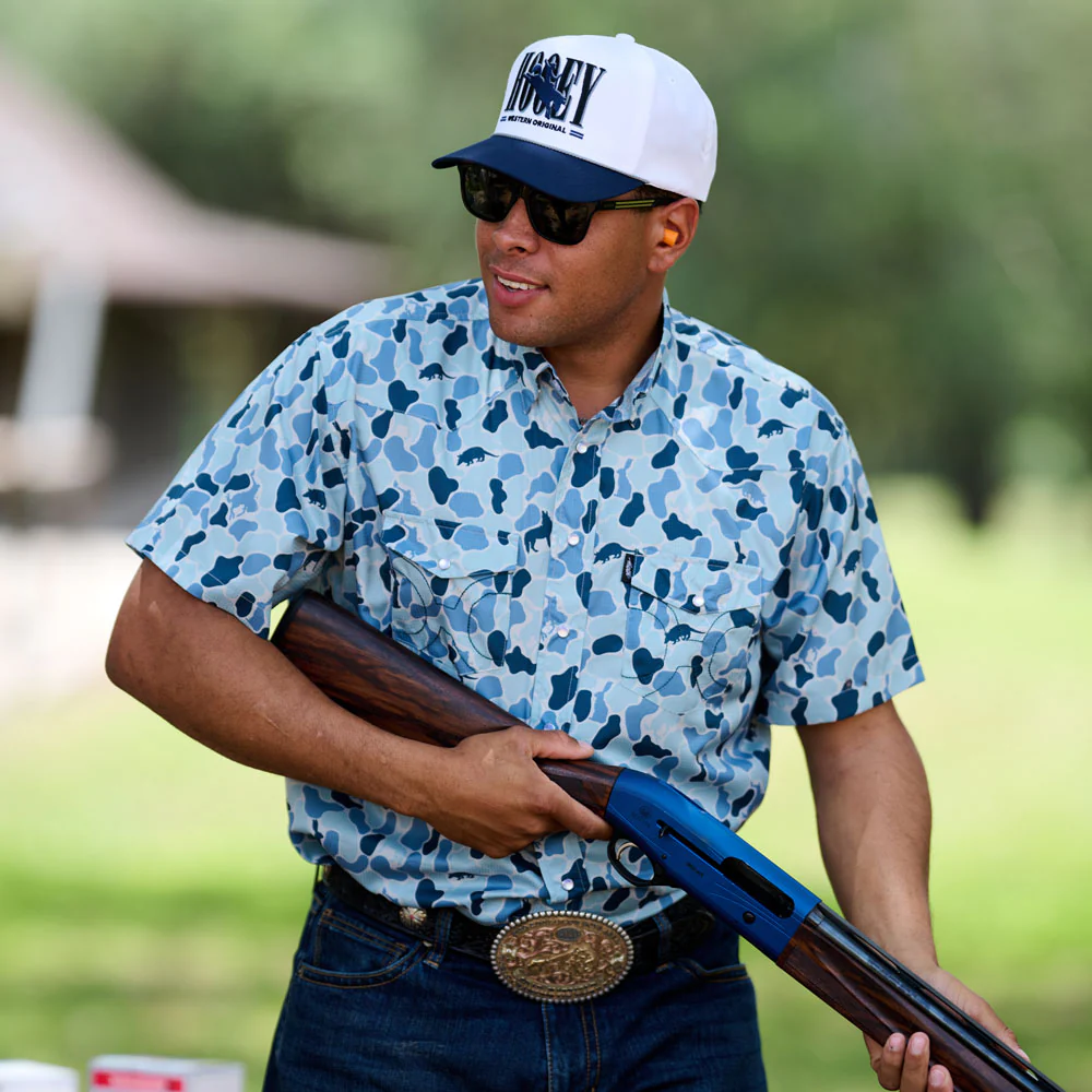 "Sol" Short Sleeve Pearl Snap Shirt Blue Camo - Image 3