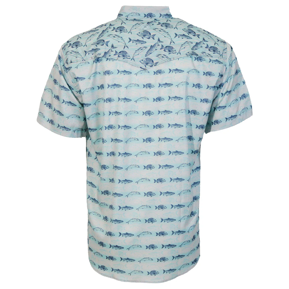 "Sol" Short Sleeve Pearl Snap Shirt Cloud Blue w/ Snapper Fish Pattern - Image 2