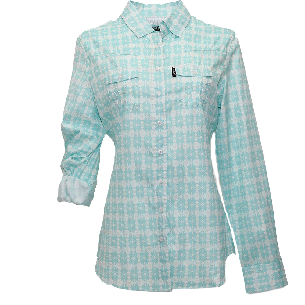 "Sol" Turquoise w/White Aztec Ladies Long Sleeve Pearl Snap Shirt