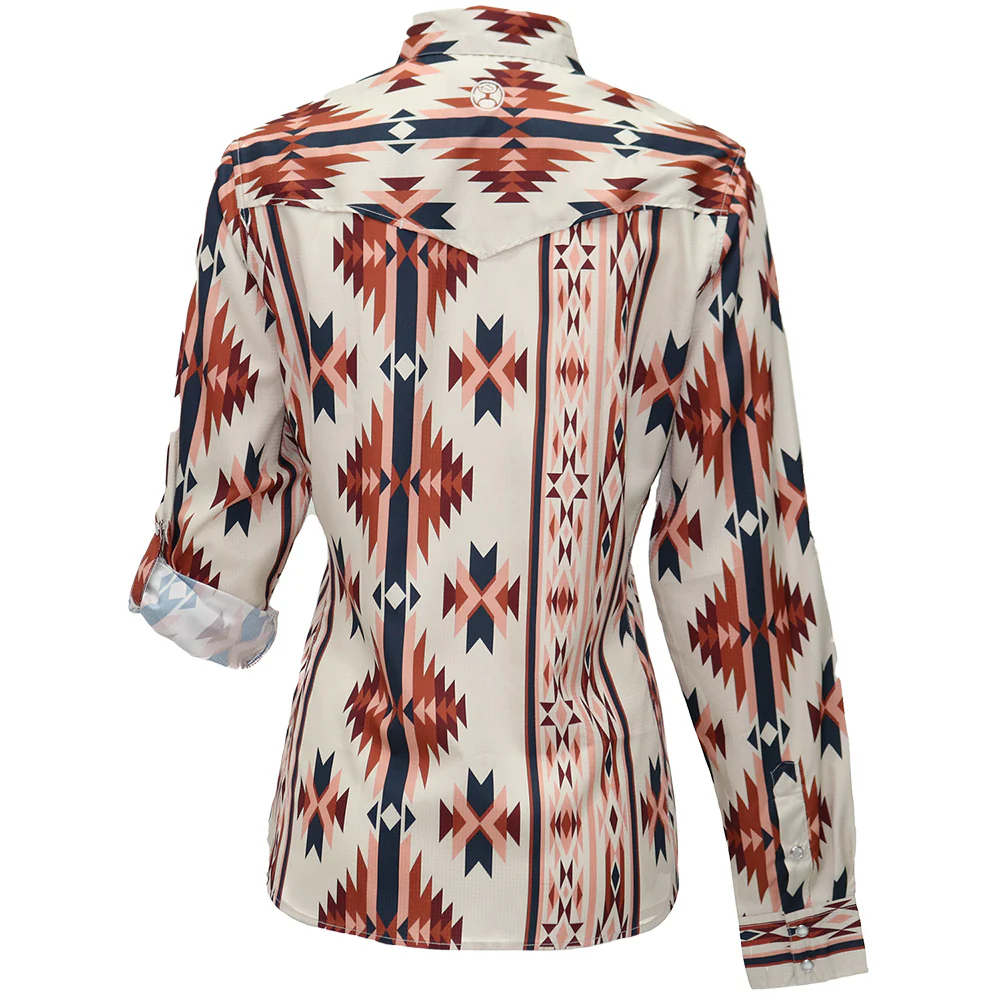 "Sol" Ladies White w/Blue & Pink Aztec Long Sleeve Pearl Snap Shirt - Image 2